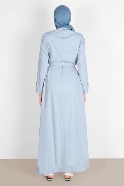 TRENDTESETTÜR Blue Judge Collar Belted Women's Overcoat - ICE BLUE T 10571