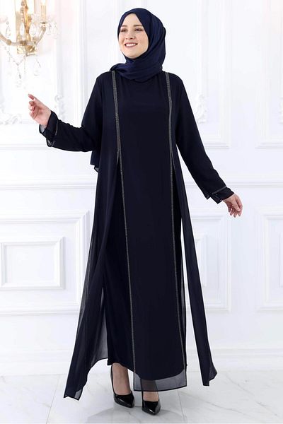 TRENDTESETTÜR WOMEN'S NAVY BLUE STONE DETAILED EVENING DRESS T 0921