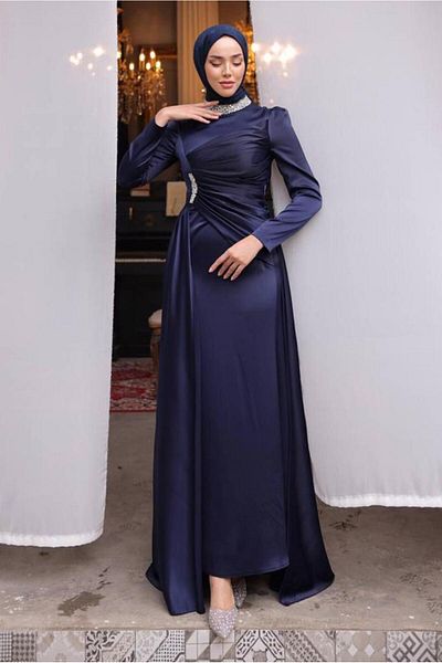 TRENDTESETTÜR WOMEN'S NAVY BLUE STONE SATIN GOWN DRESS T 7654
