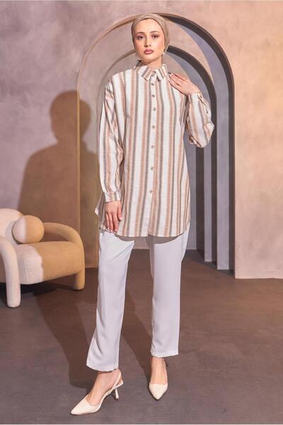 TRENDTESETTÜR Μπεζ ριγέ γυναικείο πουκάμισο τουνίκ - T 8414