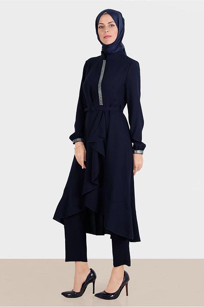 TRENDTESETTÜR Navy Blue Stone Detailed Women's Trousers Set - T 30260