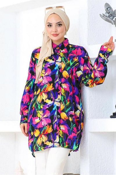 TRENDTESETTÜR Purple Patterned Cotton Women's Tunic - Teteştür T 5362