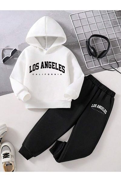 Afternoon Kids Boy's Black and White'"Los Angeles'' Printed Hooded Tracksuit Set