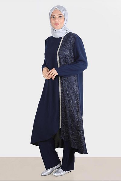 TRENDTESETTÜR Γυναικείο Σετ Navy Blue - Παντελόνι με παγιέτες, T 30274