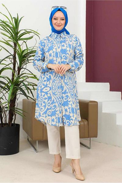 TRENDTESETTÜR Γυναικείο τουνίκ με βαμβακερό σχέδιο Navy Blue Indigo - T 8735