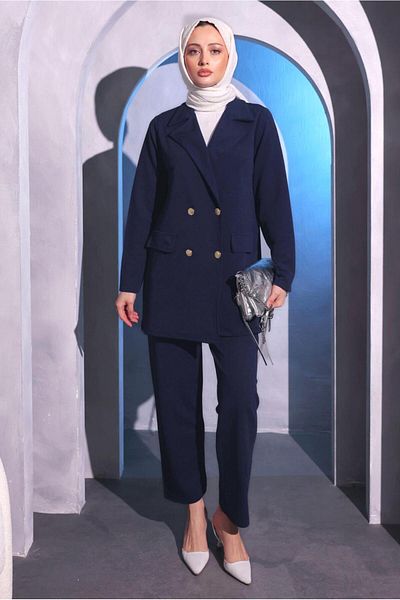 TRENDTESETTÜR Γυναικείο Σετ Παντελόνι Navy Blue με διπλό γιακά - T 7014