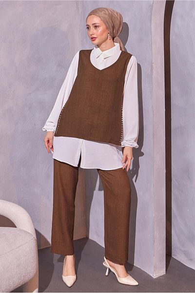 TRENDTESETTÜR Σετ τριών παντελονιών Coffee Color Pearl Detailed - T 0804