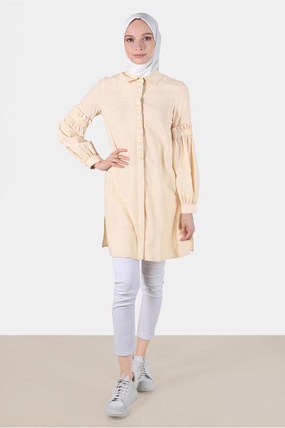 TRENDTESETTÜR Women's Beige Ruffle Detailed Tunic t 42824