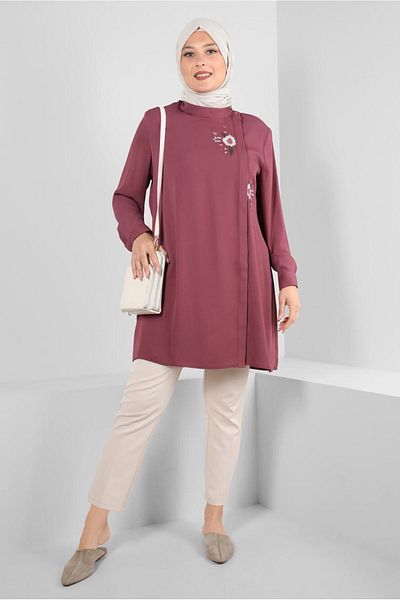 TRENDTESETTÜR Large Size Embroidered Pink Tunic - Dried Rose T 20247