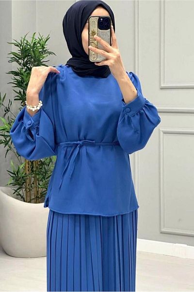 TRENDTESETTÜR Γυναικείο Σετ Navy Blue (Indigo) με Πλισέ Φούστα - T 0251