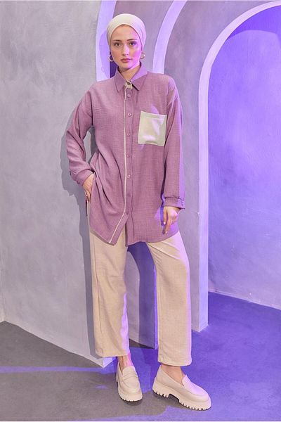 TRENDTESETTÜR Lilac Women's Set - T with Shirt Collar and Trousers 4004