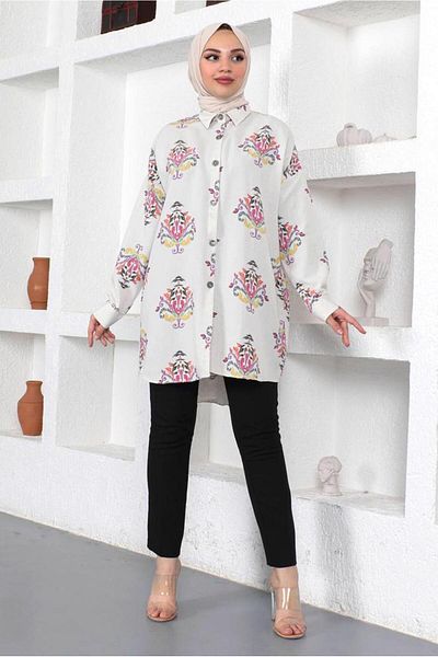 TRENDTESETTÜR Beige-Fuchsia Patterned Cotton Women's Tunic Shirt - T 3521