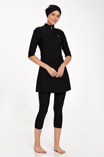 TRENDTESETTÜR Costum de baie hijab negru cu mâneci trei sferturi pentru femei T 3400