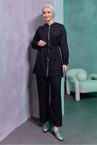 TRENDTESETTÜR WOMEN'S BLACK HOODED PANT SUIT T 1493