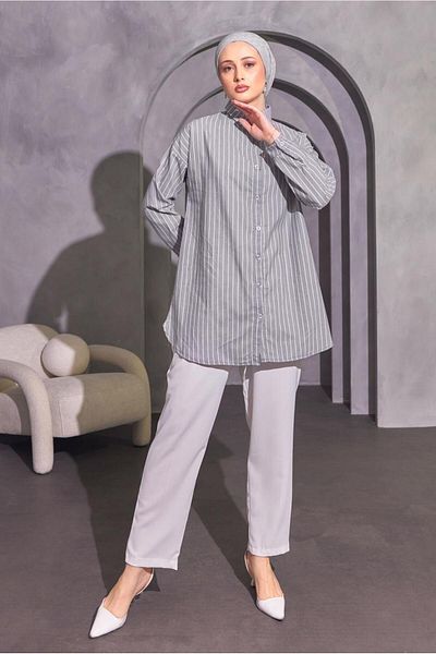 TRENDTESETTÜR GRAY STRIPED WOMEN'S SHIRT TUNIC - T 4414