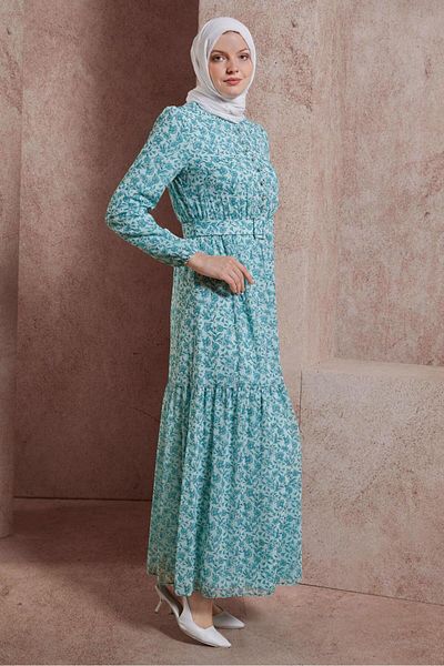 TRENDTESETTÜR Φόρεμα με ζώνη με πράσινο λουλούδι - MINT T 42891