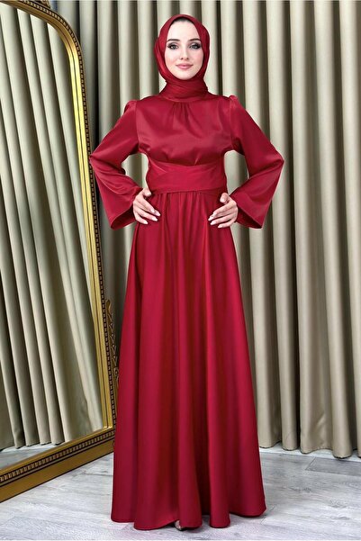 TRENDTESETTÜR Red Belted Hijab Evening Dress - T 5016