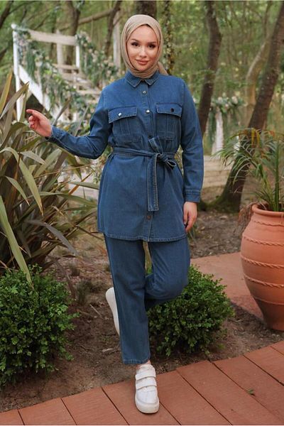 TRENDTESETTÜR Σετ γυναικείο τζιν παντελόνι Blue Belted - T 0202