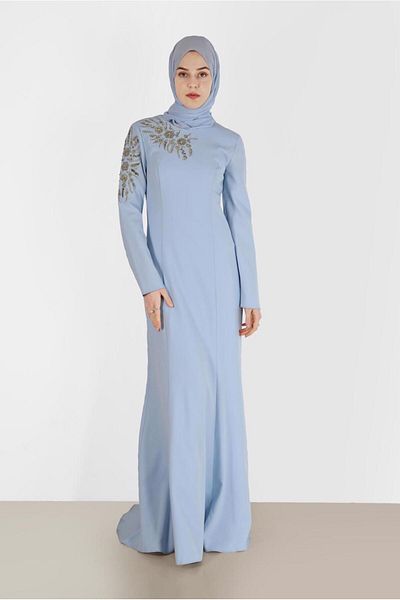 TRENDTESETTÜR Γυναικείο Μπλε (ICE BLUE) Βραδινό Φόρεμα με Χάντρες T 5399