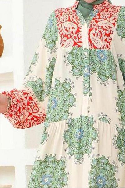 TRENDTESETTÜR Γυναικείο φόρεμα μπεζ κόκκινο έθνικ σχέδιο - T 9752