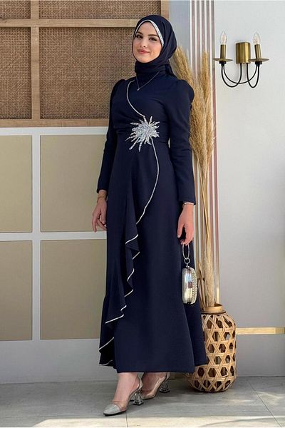 TRENDTESETTÜR Rochie de seară de damă cu detaliu de piatră bleumarin - T 2021