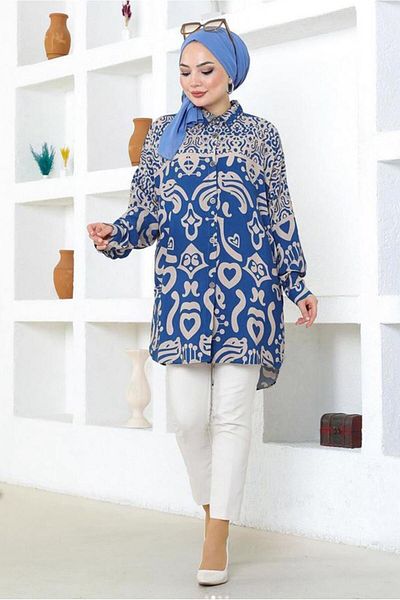TRENDTESETTÜR Navy Blue Indigo Patterned Cotton Tunic - Women's T 3548