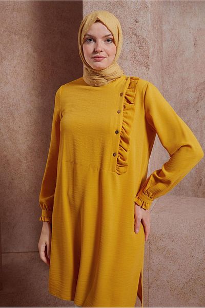 TRENDTESETTÜR Yellow Ruffle Detailed and Buttoned Women's Tunic - T 42825