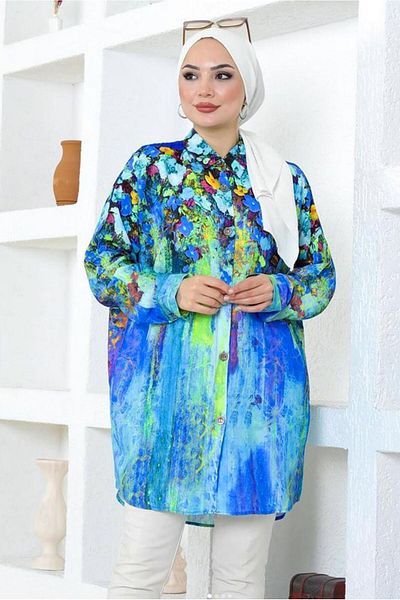 TRENDTESETTÜR Navy Blue (Sax) Patterned Cotton Tunic - Women's T 6642