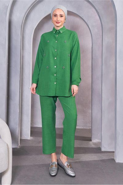 TRENDTESETTÜR Green Beneton Buttoned Women's Trousers Set - t 1283