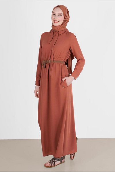 TRENDTESETTÜR Φόρεμα Hijab με λεπτομέρεια πλακιδίων σε καφέ χρώμα με τσέπες - T 42590