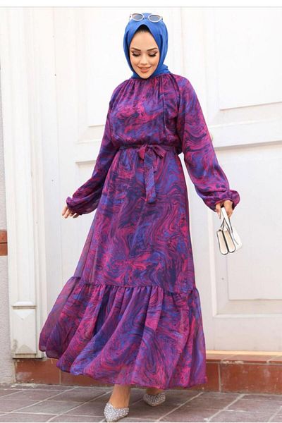 TRENDTESETTÜR Φούξια Φόρεμα Hijab με Ζώνη - Γυναικείο T 4906