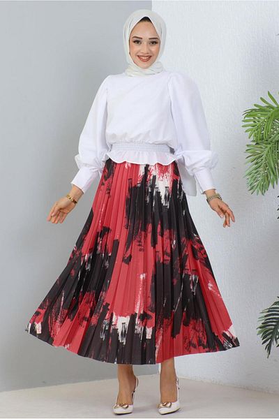 TRENDTESETTÜR WOMEN'S RED PATTERNED PLEATED SKIRT T 3554