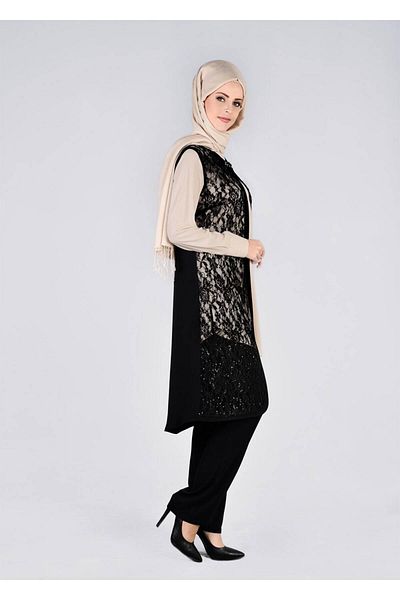 TRENDTESETTÜR Black Lace Vest and 3-Function Trousers Set - 3382