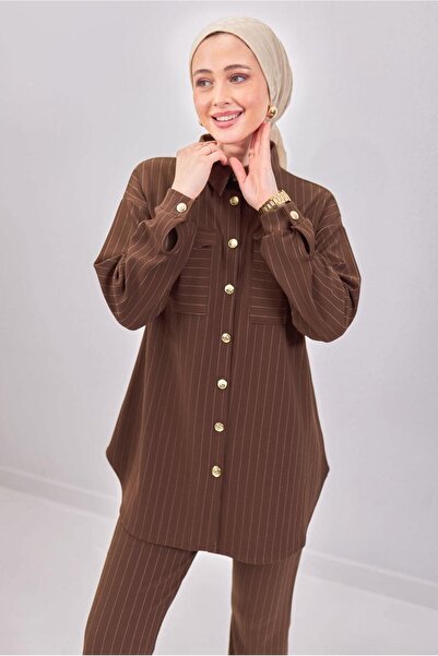 TRENDTESETTÜR WOMEN'S COFFEE STRIPED PANT SUIT T 6883