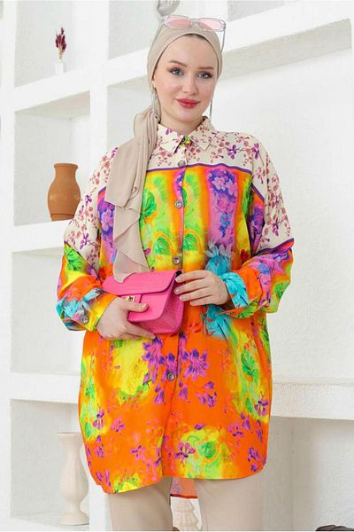 TRENDTESETTÜR Purple Lavender Patterned Cotton Women's Tunic Shirt - T 3852