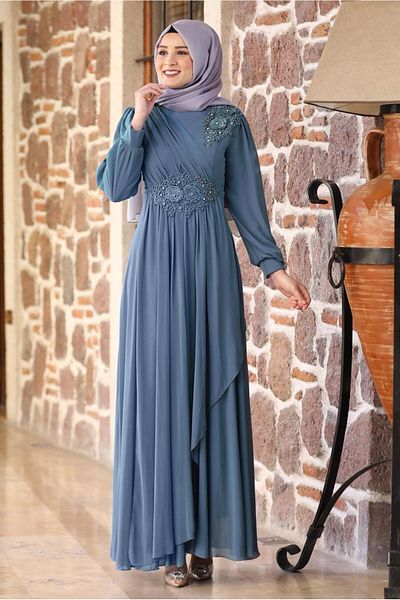TRENDTESETTÜR FEMEI ALBASTRU ÎNCHIS (Indigo) ROCHIE DE SEARA DETALATĂ DE BRODARE CU MÂRGELE T 9153