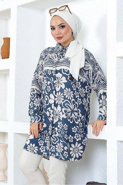 TRENDTESETTÜR Navy Blue Patterned Cotton Tunic - Women's T 6644