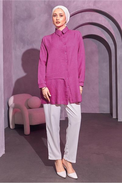 TRENDTESETTÜR Fuchsia Pleated Detailed Women's Shirt Tunic - T 8214