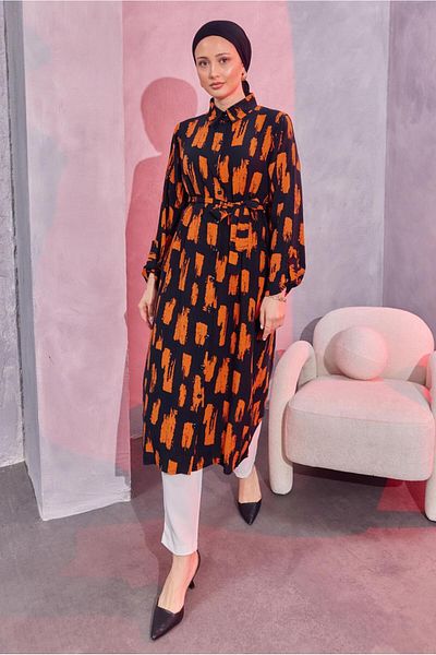 TRENDTESETTÜR Woman Black (BLACK-ORANGE) Belted Patterned Long Tunic T 6104