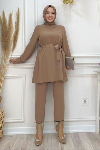 TRENDTESETTÜR Γυναικείο Σετ Mink - Παντελόνι με λεπτομέρεια αλυσίδας, T 4248