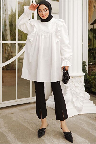 TRENDTESETTÜR WOMEN'S Ecru Ruffle Detailed TUNIC T 4402