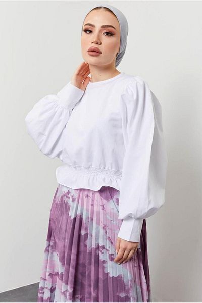 TRENDTESETTÜR ΓΥΝΑΙΚΕΙΑ ΛΕΥΚΗ ΜΠΛΟΥΖΑ ΜΕ ΜΠΑΛΟΝΙ ΜΑΝΙΚΙ T 4354