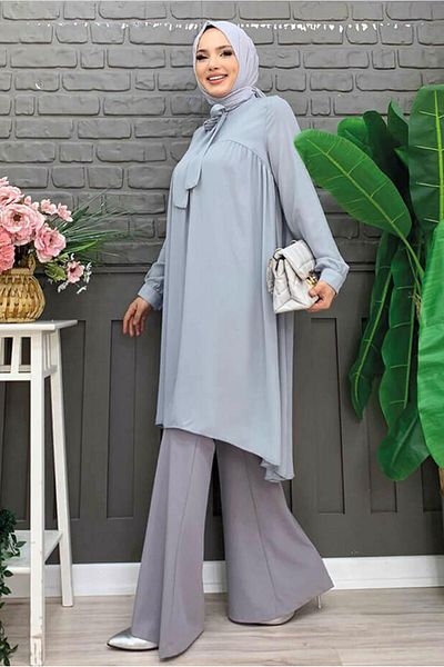 TRENDTESETTÜR WOMEN'S GRAY COLLAR TIE-UP CHIFFON CREPE TUNIC T 4542
