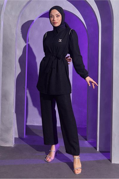 TRENDTESETTÜR WOMEN'S BLACK BROOCHE DETAILED PANT SUIT T 1193