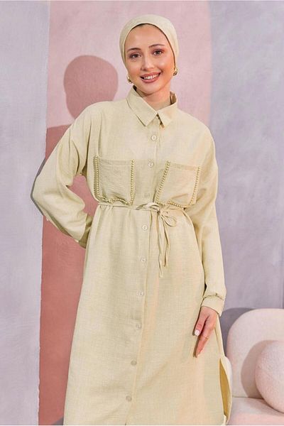TRENDTESETTÜR Μπεζ Λινό Σετ - T 5304 με Παντελόνι Look