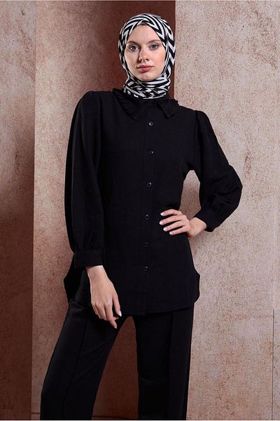 TRENDTESETTÜR Γυναικείο Σετ με Παντελόνι Μαύρο Ruffle Collar - T 4102