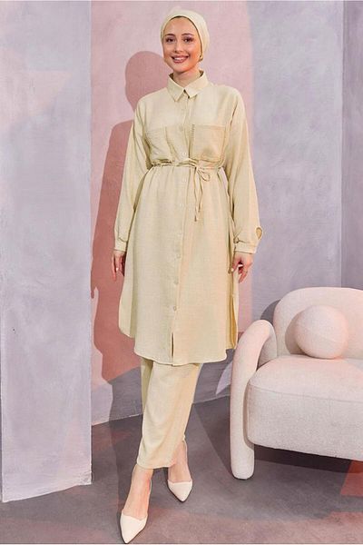 TRENDTESETTÜR Μπεζ Λινό Σετ - T 5304 με Παντελόνι Look