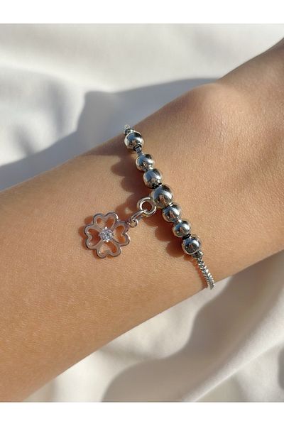 Eylülün Takısı Women's Silver Color Dangle Stone Clover Bead Bracelet