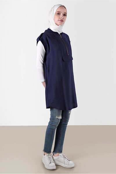 TRENDTESETTÜR Navy Blue Hooded Women's Tunic - Dark Blue T 42767
