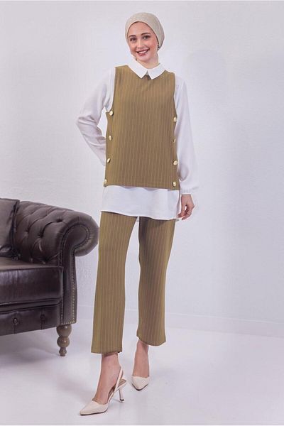 TRENDTESETTÜR CAMEL Καφέ Ριγέ Τριπλό Γιλέκο Γυναικείο Σετ - T 5443